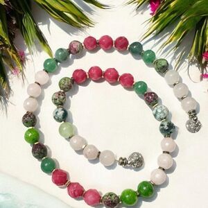 Handmade Genuine Gemstone  Watermelon Colors Pink Green Jade Ruby Zoisite 18”